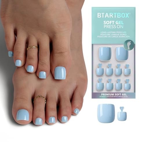 Light Blue Short Square Press-On Toenails – Easy Application, 30 Nails, 15 Sizes