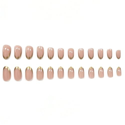 Short Press On Nails – Almond Fake Nails – Gold French Tip – False – Design 4