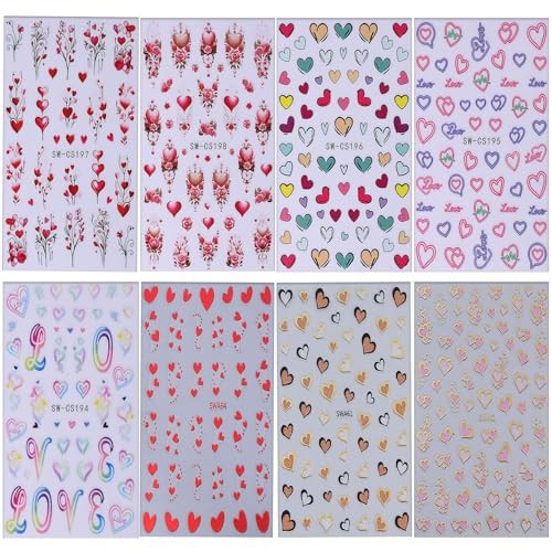 8 Sheets Valentine’s Day Nail Stickers Love Heart Decals 3D Self-Adhesive Love