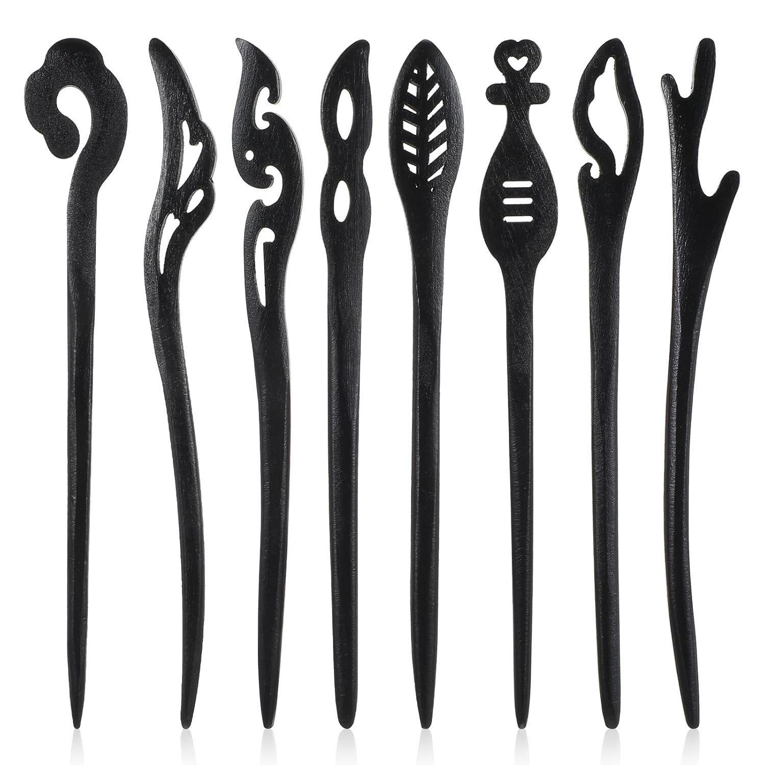 8Pcs Wooden Hair Sticks for Women, Vintage Chinese Chignon Japanese Black