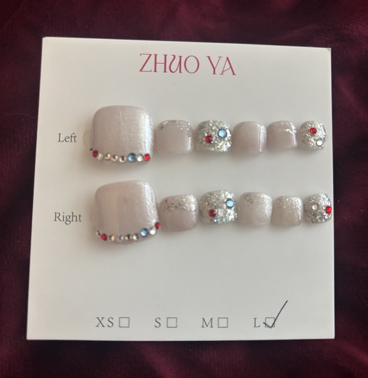 ZHUO YA Press-On Nails Set White/Silver Glitter Rhinestones Long Square Acrylic
