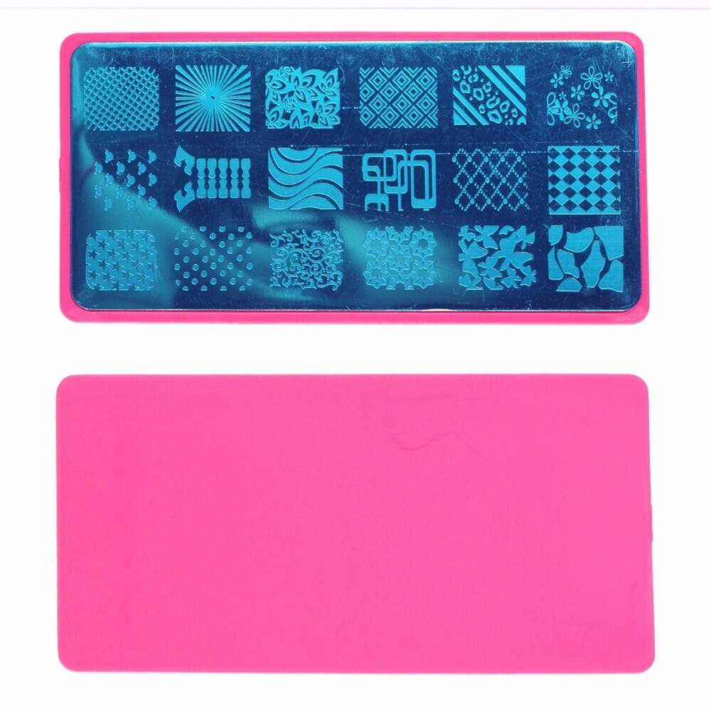 Nail Art Stamping Image Plates Stencil with Pink Holder