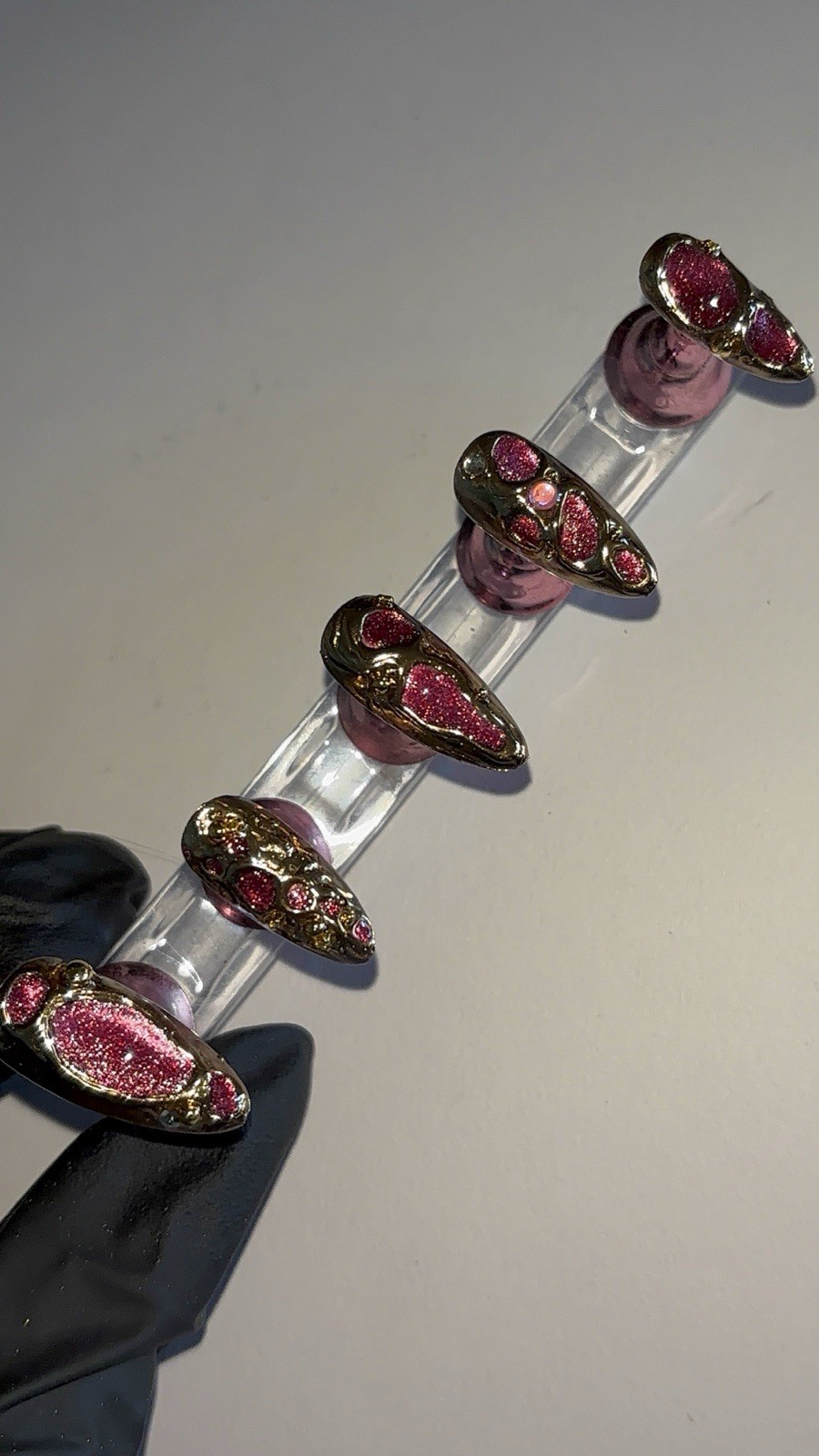 Gold Chrime & Red Cat Eye 3D Bling Press Ons Nail Set Medium Length / Small Size