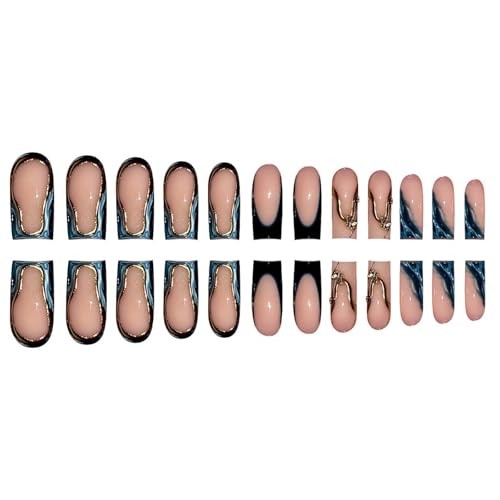 Blue French Tip Press on Nails – Long Square Fake Nails – Gold Gradient Style A5