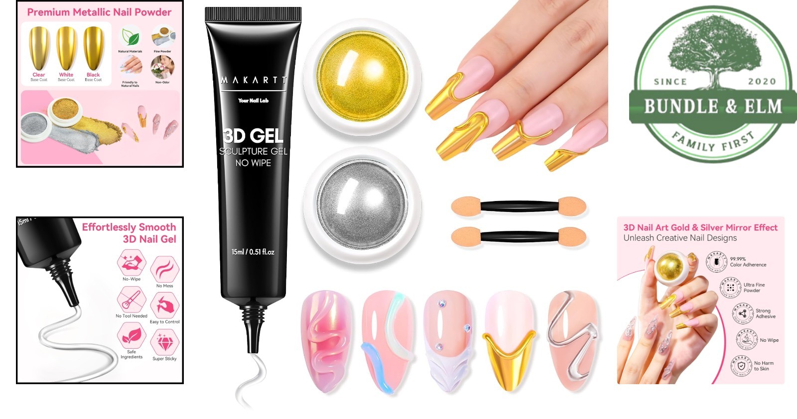 3D Nail Art Kit with Chrome Powder, Sculpting Gel & Eyeshadow Application Sticks