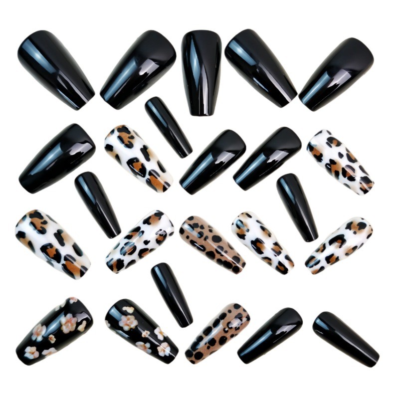48Pcs-Black Leopard Print Press on Nails Glossy Long Coffin Nail Art Set Daily