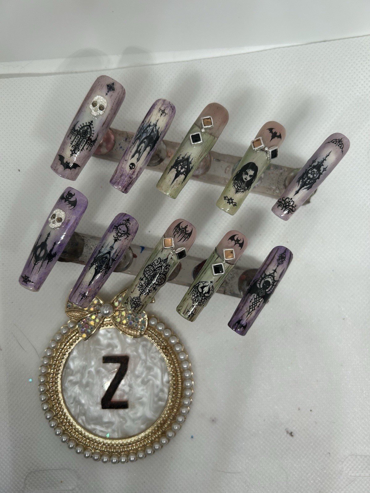 Z NAILZ! Handmade XXXL Square Gothic Design Purple/green Mist Press on Nails