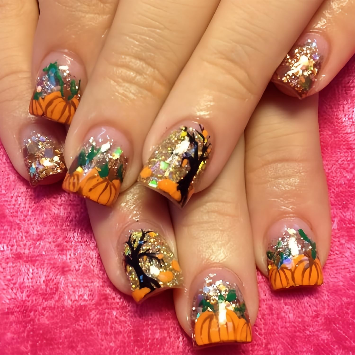 Thanksgiving Press on Nails Short Square Fake Nails Glitter Pumpkin Holiday S…