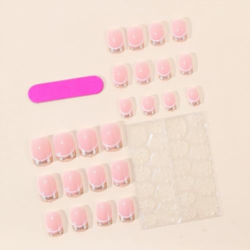 Glitter French Tip Press On Nails Short Square Fake Nails summer square nails-6