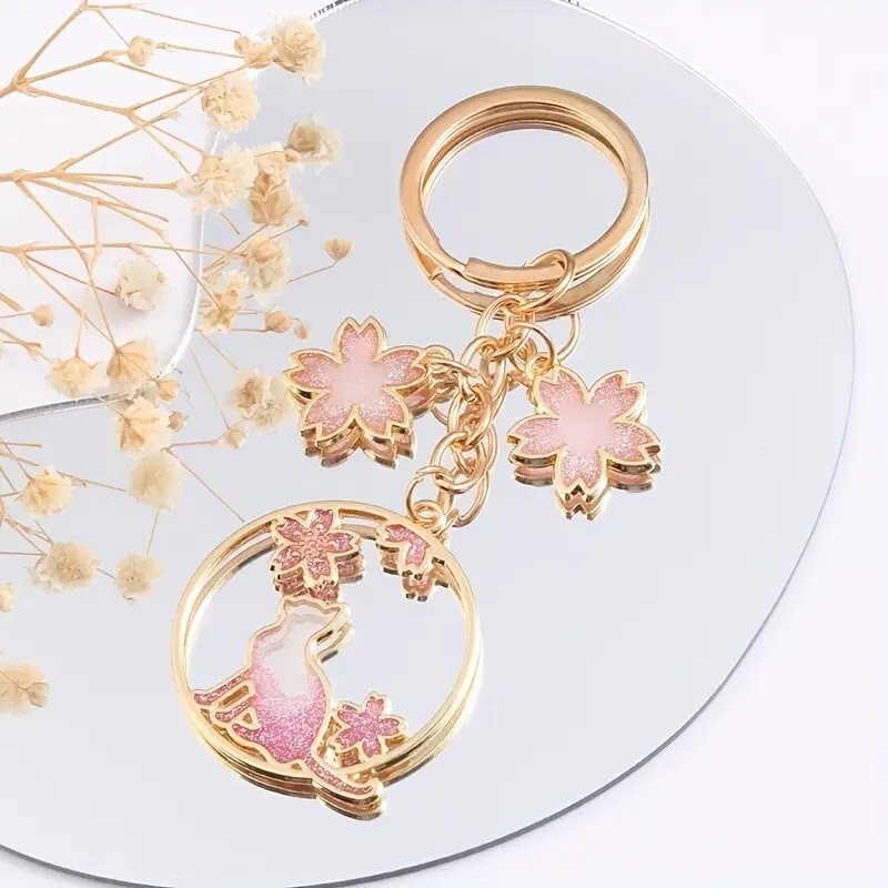 New ~ Glitter Cat Cherry Blossom Sakura Charm Keychain Accessories Key Ring Bag