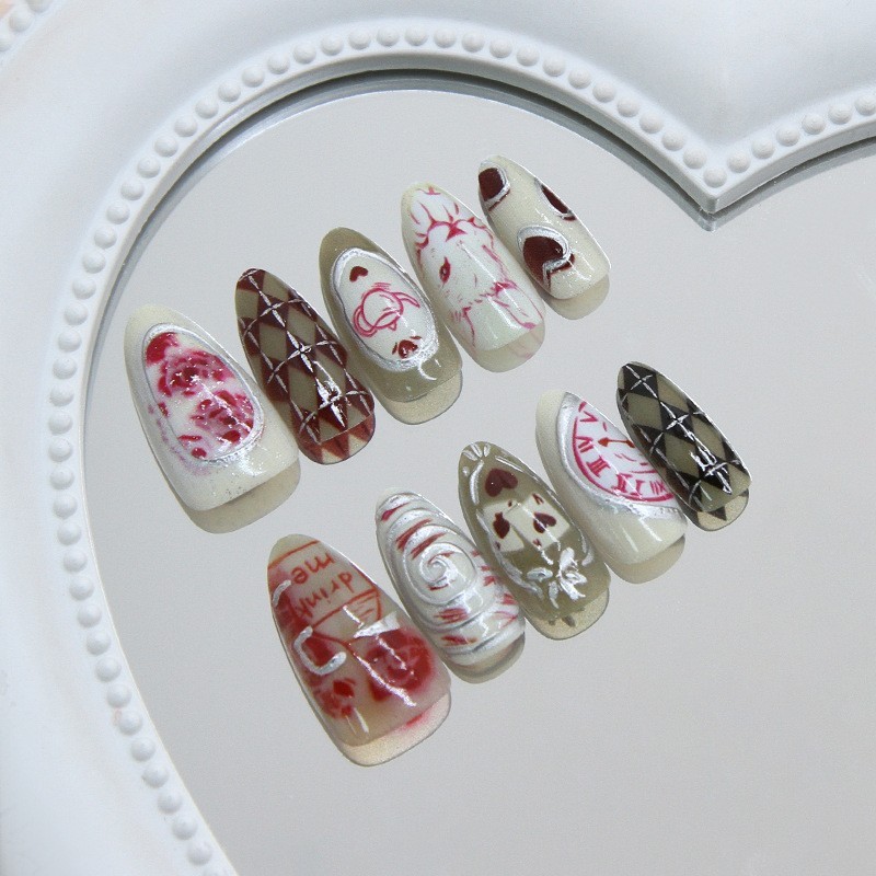 3D Floral Heart Wave Style Press On Nails 30PCS W2144 Color Safe Material