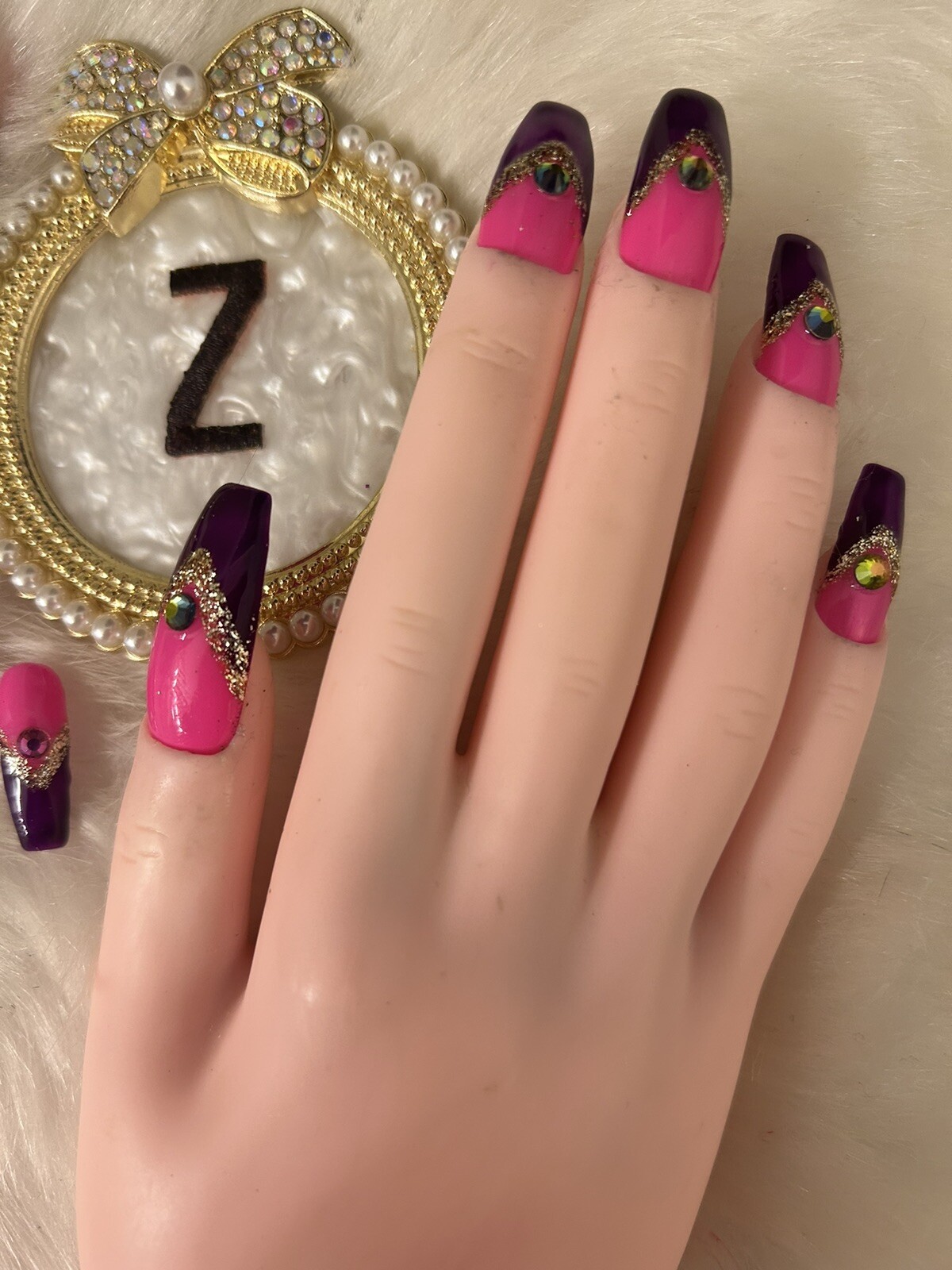 Z NAILZ! Gorgeous Set of Handmade Long Coffin Pink/Purple Press On Nails
