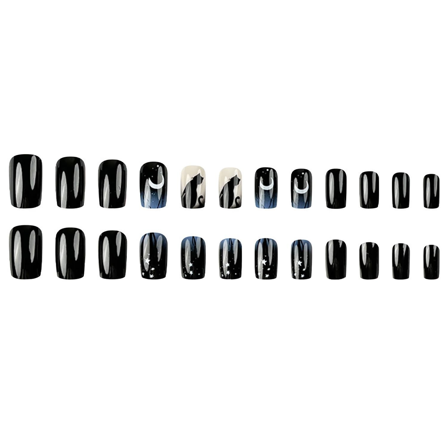 24Pcs Moon Star Glossy Black Press On Nails – Medium Length Acrylic Full Cover