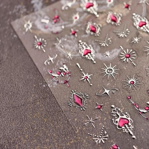 Silver Star Nail Stickers 3D Self-Adhesive Hot Pink Heart Nail Color 029