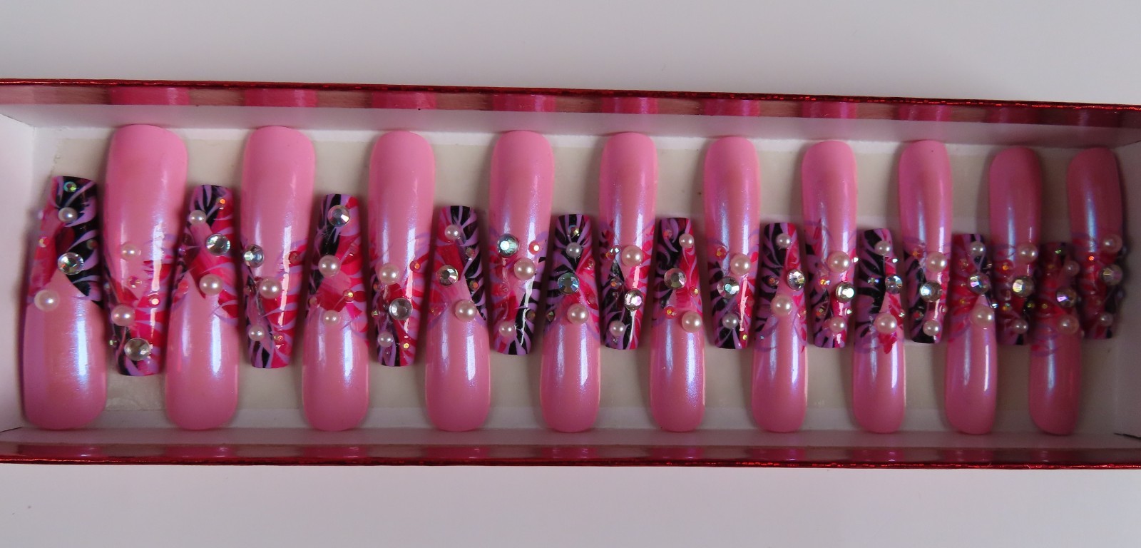 XL Pink Red Purple Black Rhinestone Pearl Abstract Tip Coffin Press On Nails