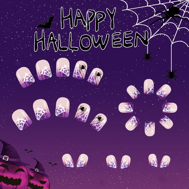 Halloween Glittering Spiderweb White False Nail With Cobweb Design ABS Plastic
