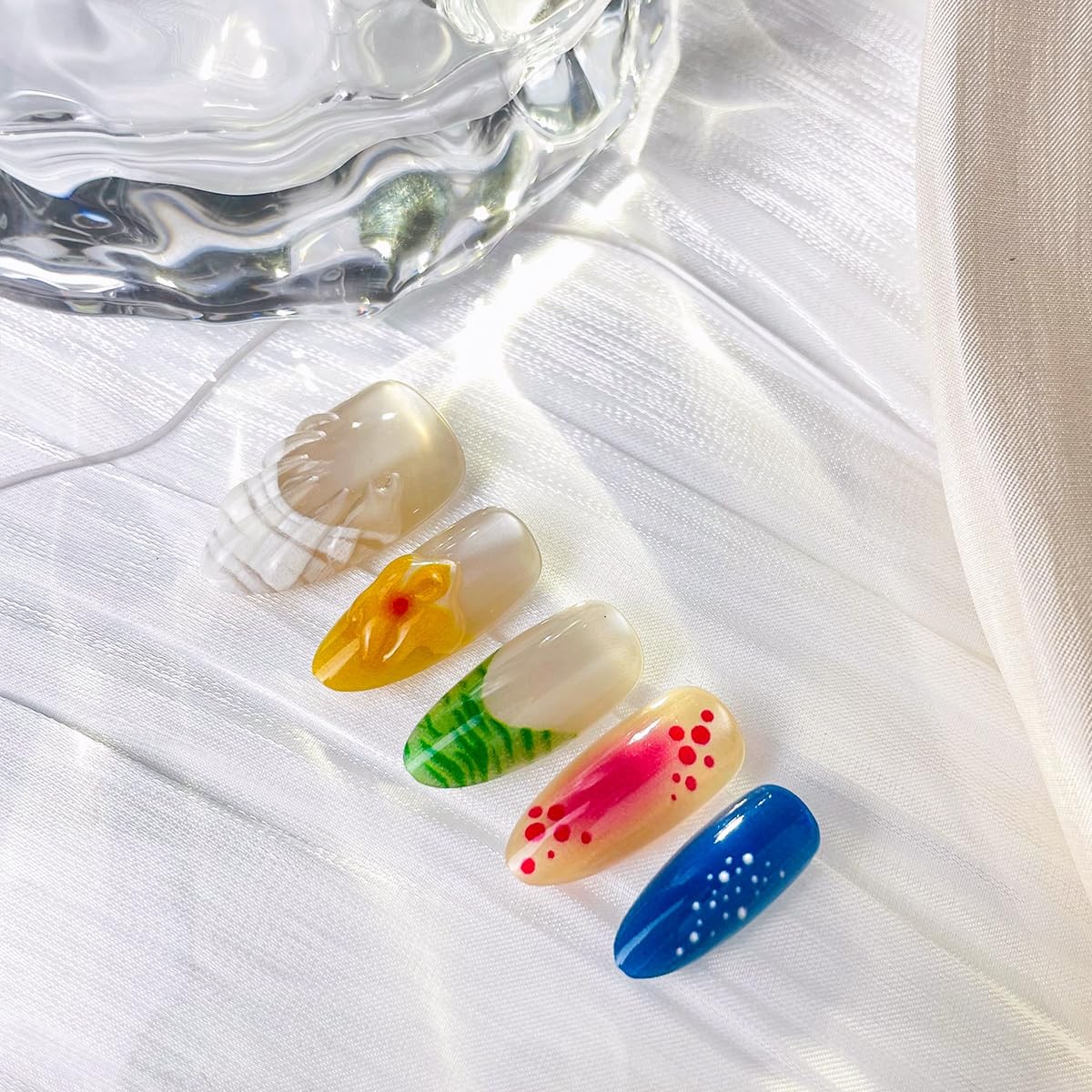 10pcs Flower French Tip Press On Nails Colorful Glossy Almond Shaped Fake Nai…