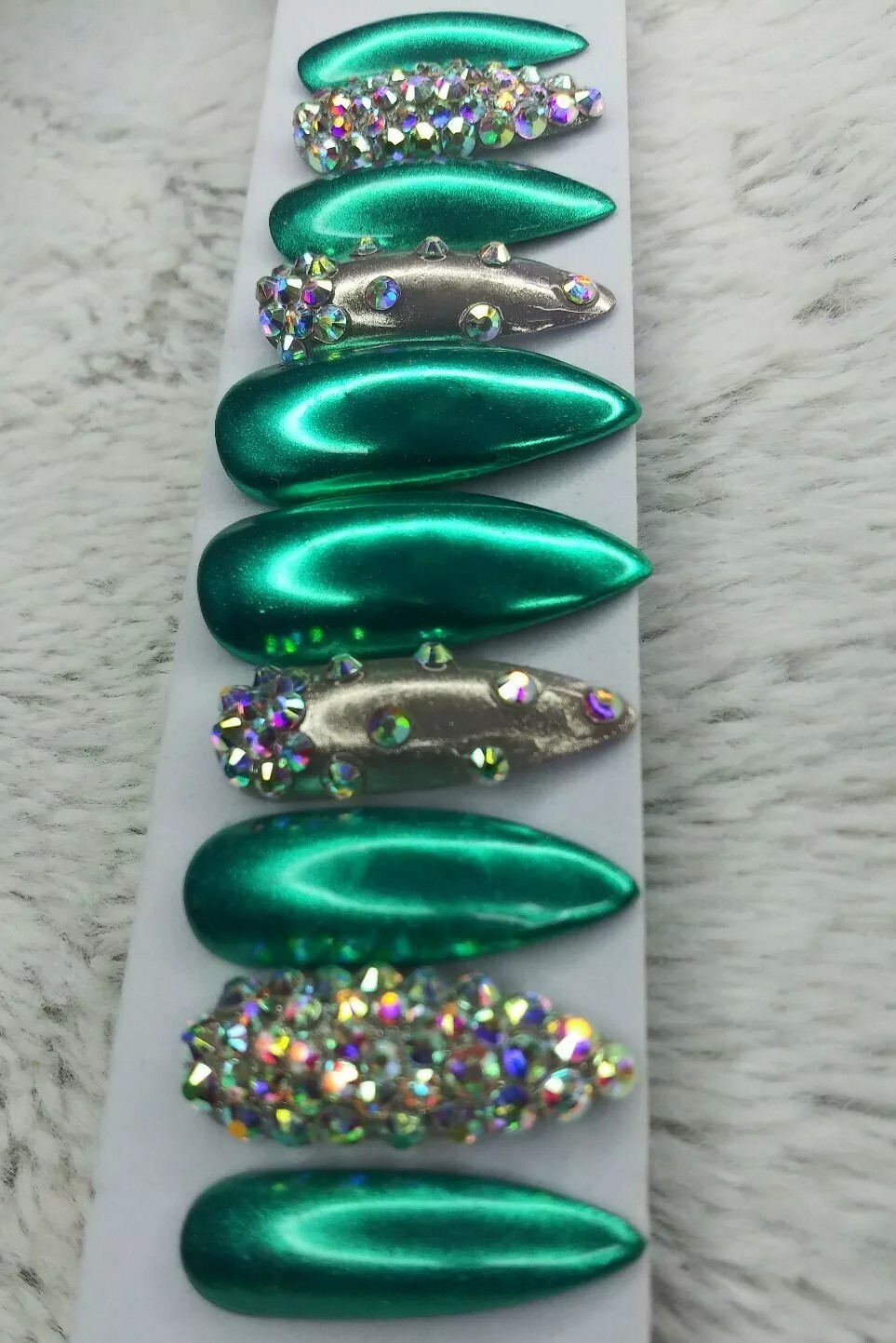 Teal & silver chrome stiletto bling nails green crystal emerald Christmas set