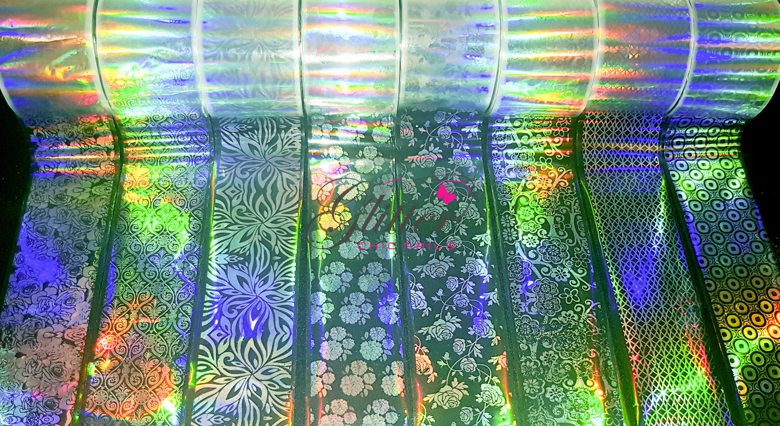 HOLOGRAPHIC SILVER NAIL TRANSFER FOIL – 8 STUNNING COLOURS 1 METRE LONG