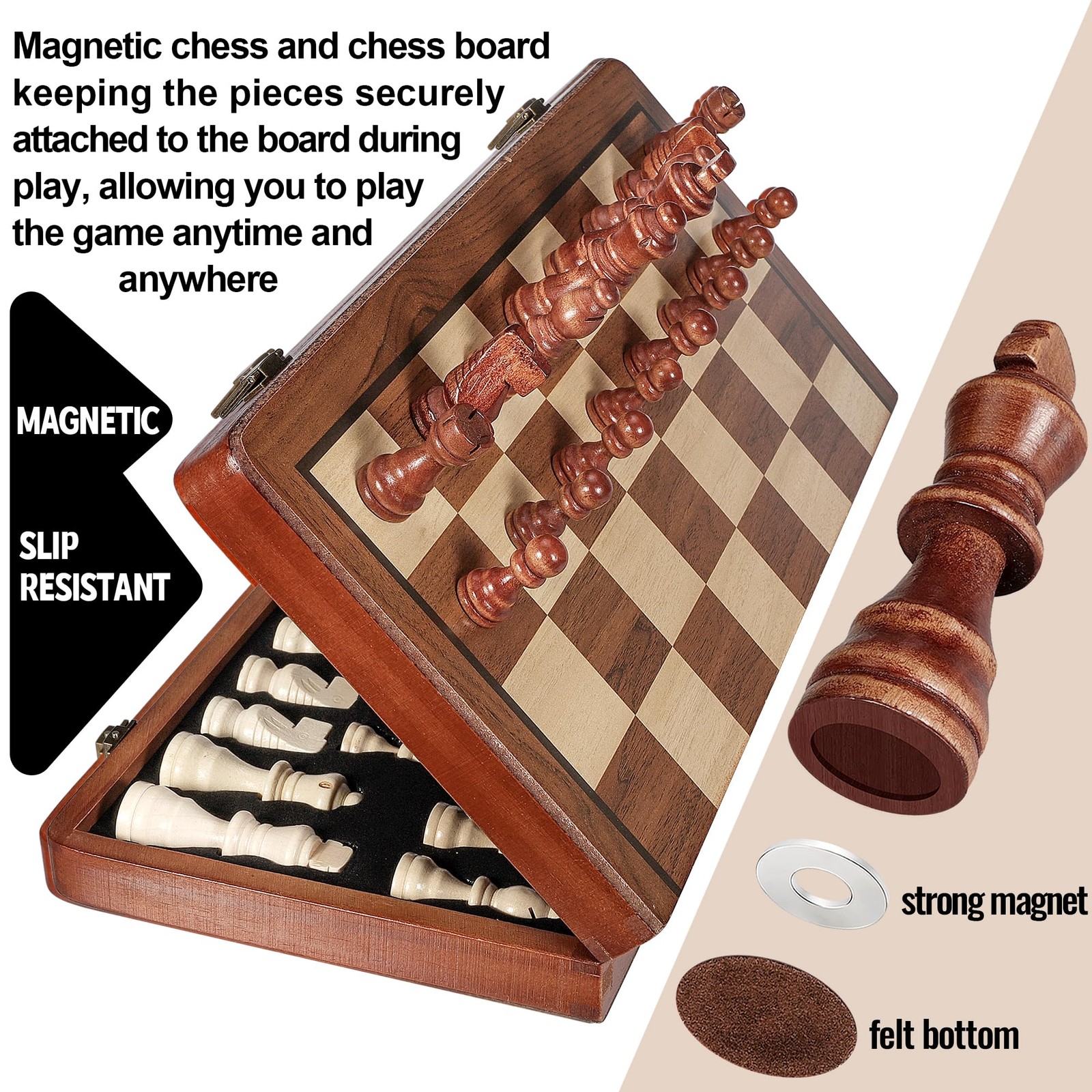 2 in 1 Wooden Chess and Checkers Set – Folding Magnetic Board with…