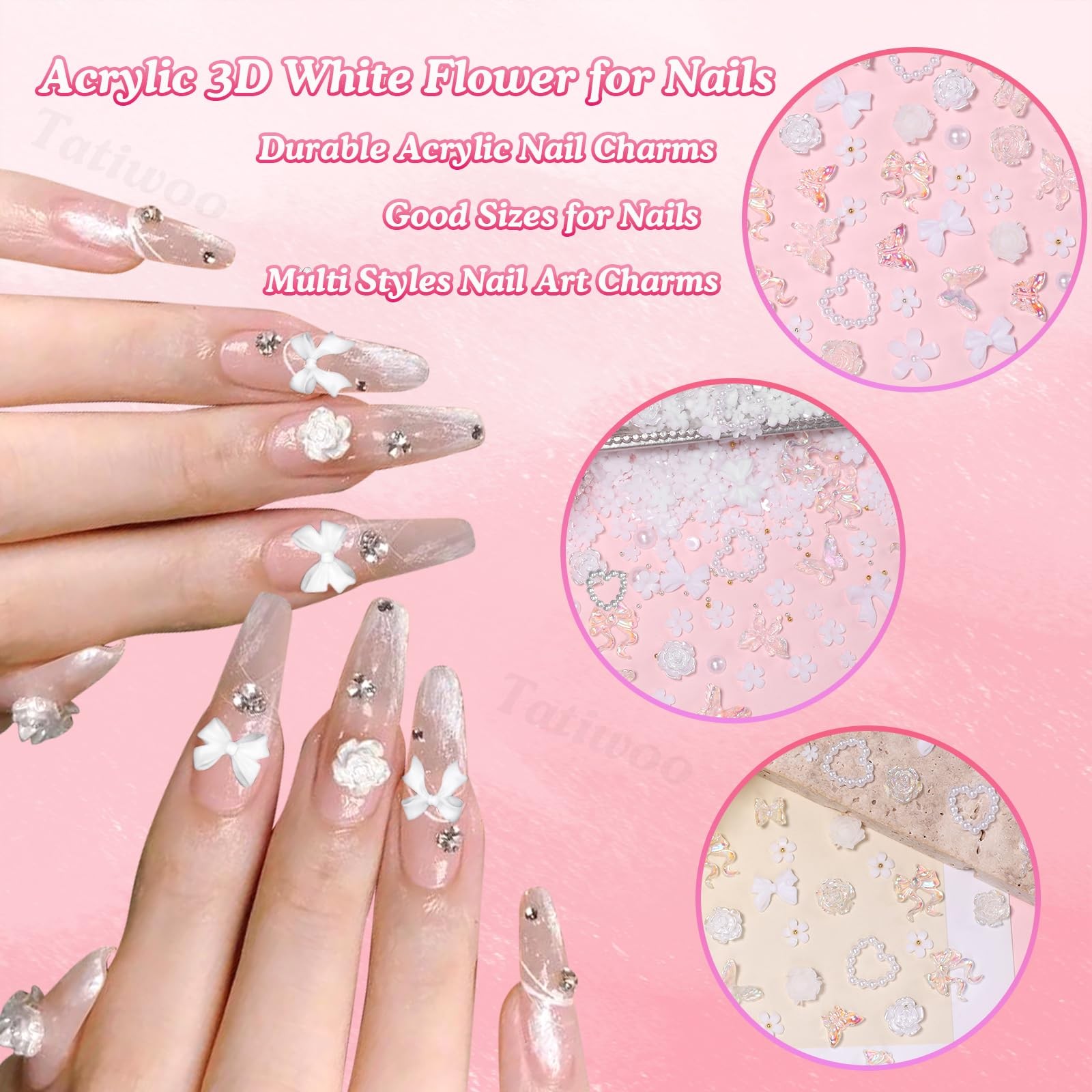 1000 Pcs White Flower Nail Charms, 3D Tiny Flowers Charms for Acrylic Nails Mixe