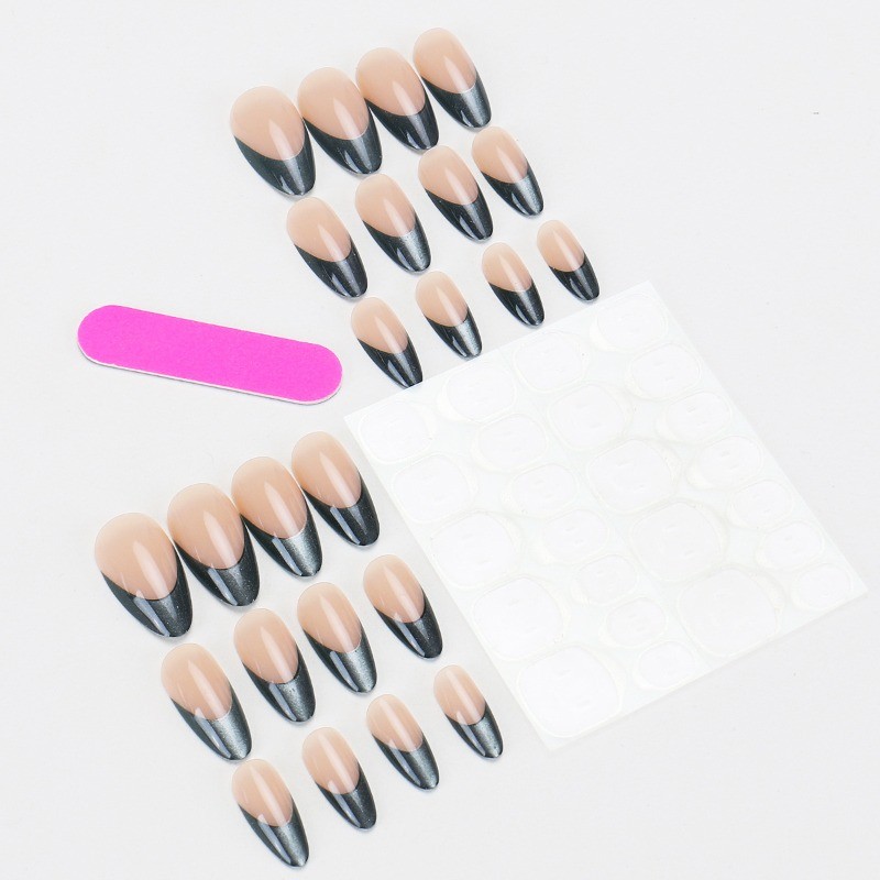 48pcs-Nude Stiletto Press on Nails with Glossy Deep Teal French Tips, Elegant