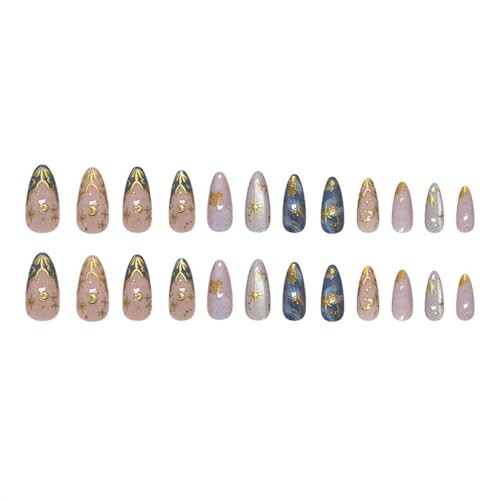 Short Almond Fake Nails – Gold Star Moon Sun Acrylic – Style 7