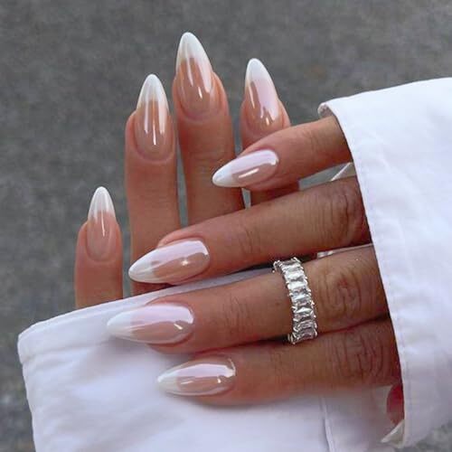 French Tip Chrome Press on Nails Almond Medium Fake Nails with A-French Tip