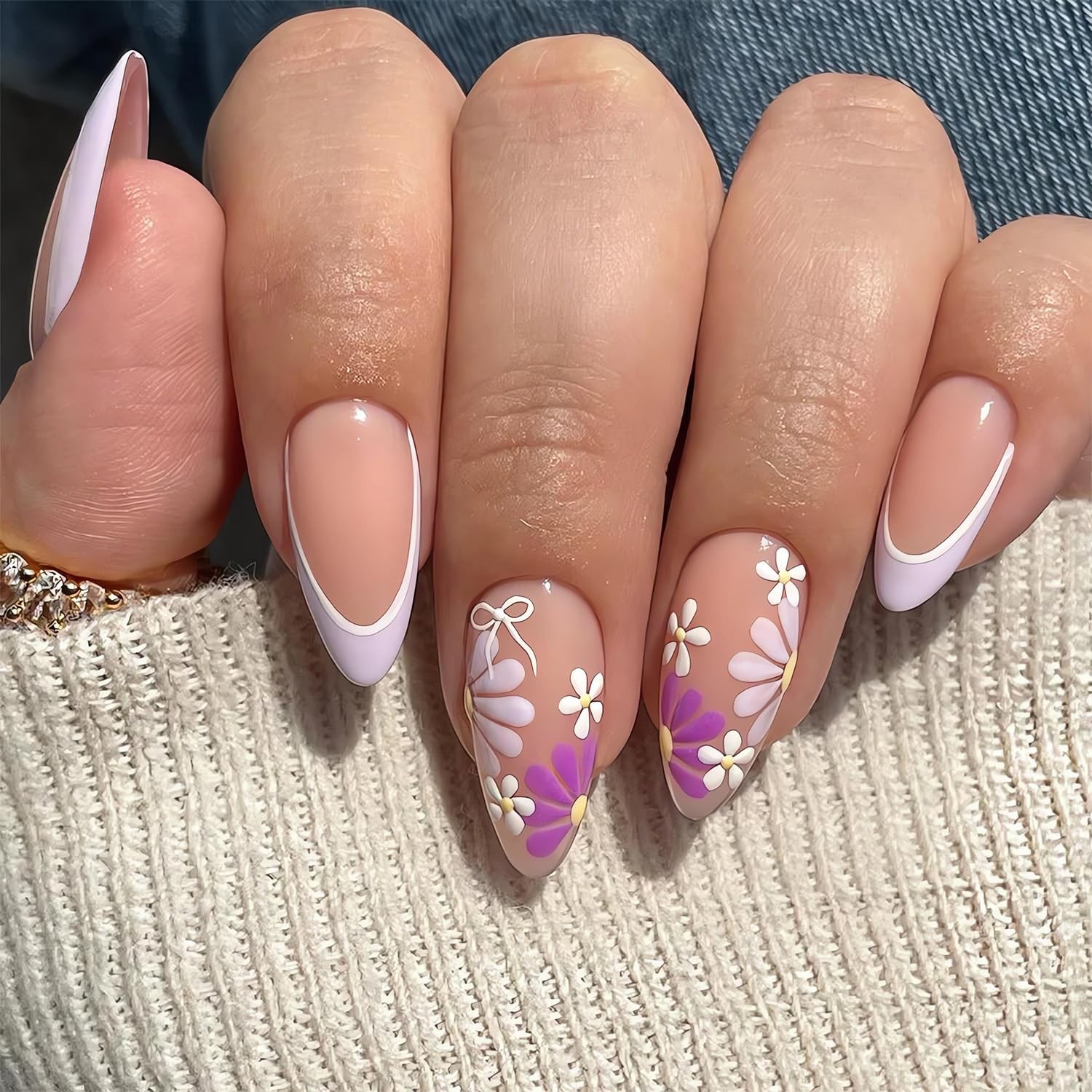 Summer French Tip Press On Nails Flower Design Almond Medium Glossy Fake Nails