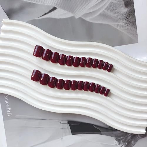 Burgundy Red Press on Nails Short Square Nails Set, glossy square burgundy