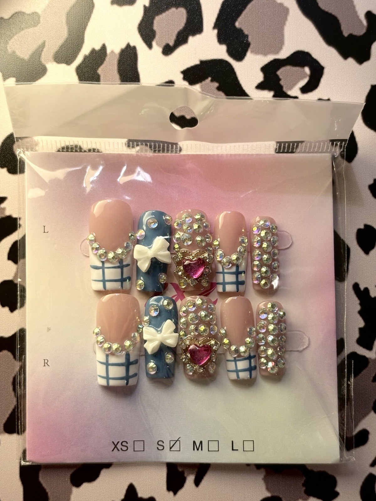 Press-On Nails Nude Blue White Silver Pink 3D Heart Bow Rhinestone Medium Square