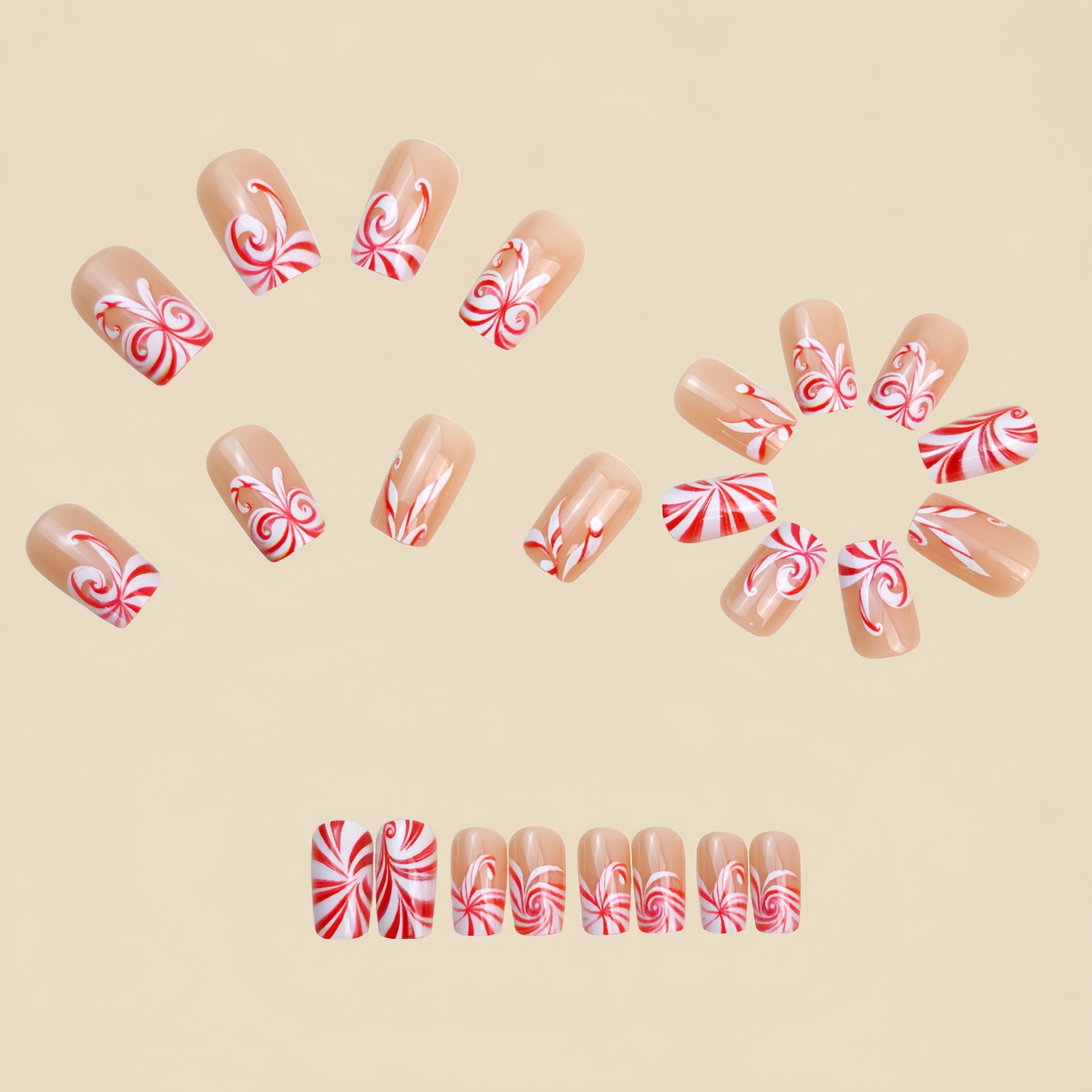 48pcs Christmas Peppermint Swirl Press On Nails Red White Festive Fake Nails