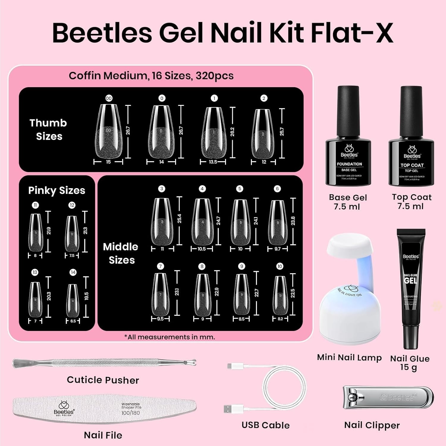 Beetles Gel Nail Kit Flat-X, Coffin Medium, 320pcs 16 Sizes Nail tips, with 1…