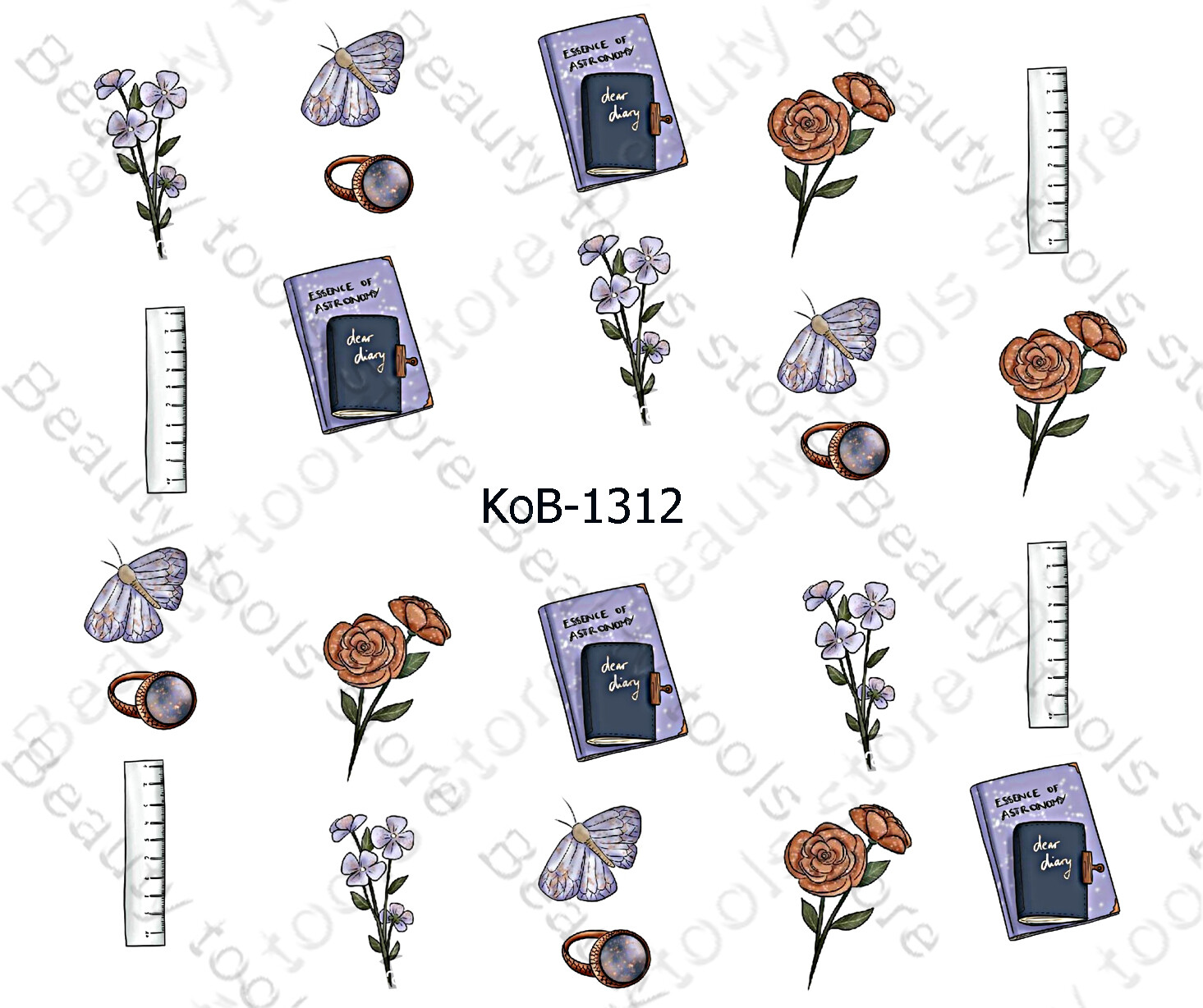 Nail Art Water Transfer Stickers book ruler ring butterfly red rose KoB-1312