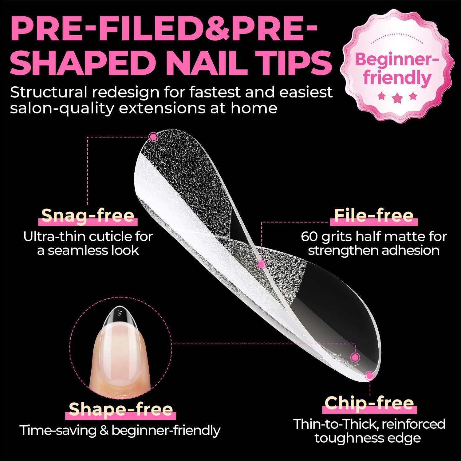 UNA GELLA Short Almond Nail Tips: 504PCS 504 Count (Pack of 1), Clear