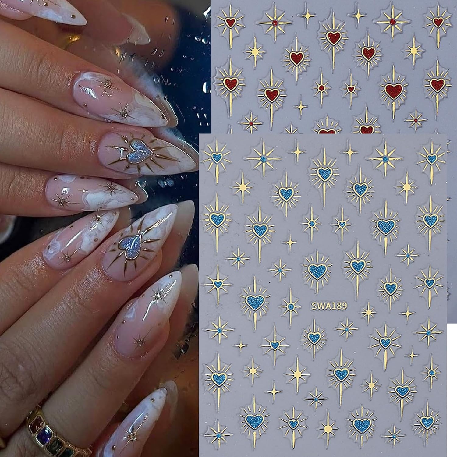 Elegant Holographic Nail Decals – 12 PCS Sun Heart & Stars for Every Occasion