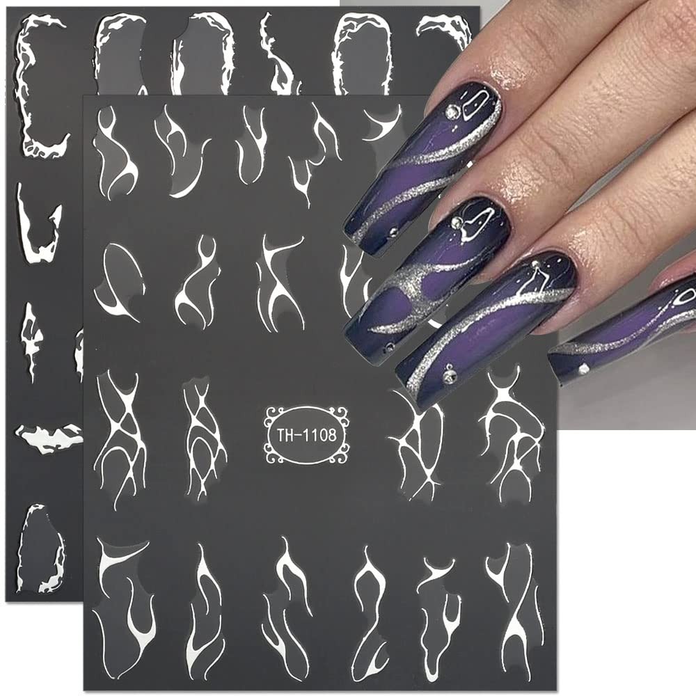 Metallic Silver Lines Nail Stickers – 6 Sheets, 3D Wave Lines, Irregular Fren…