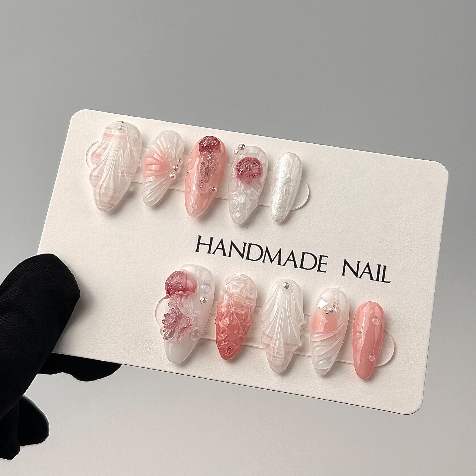 Seashell Jellyfish Mermaid Press On Nails Pink 3D Pearl Handmade Textured Nails