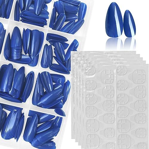 240pc Almond Press on Nails Medium Length Blue Fake Nail Tips Full Royal Blue