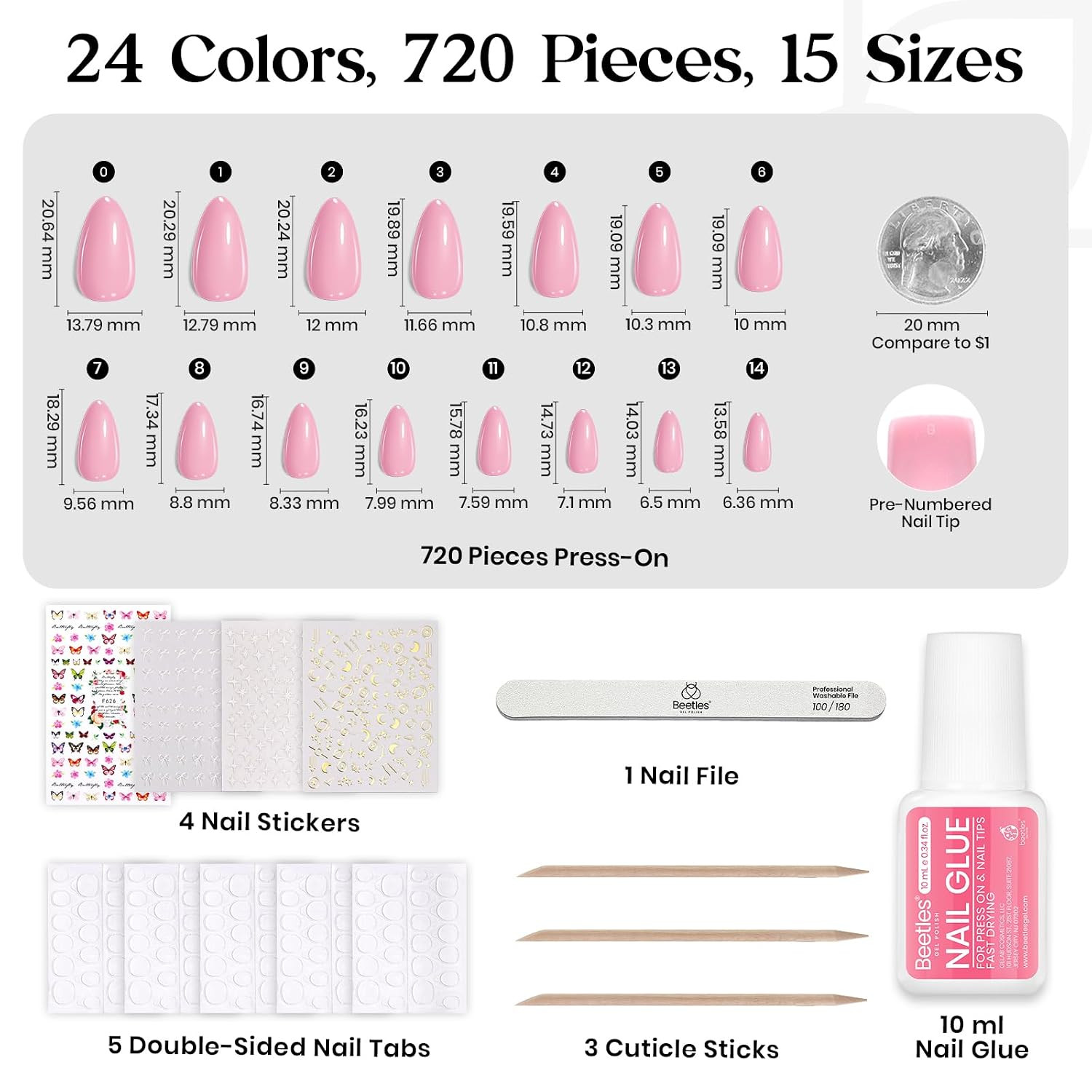 Beetles Press on Nails Kit 720Pcs 24 Colors, Short Almond Press on Nail Glossy M