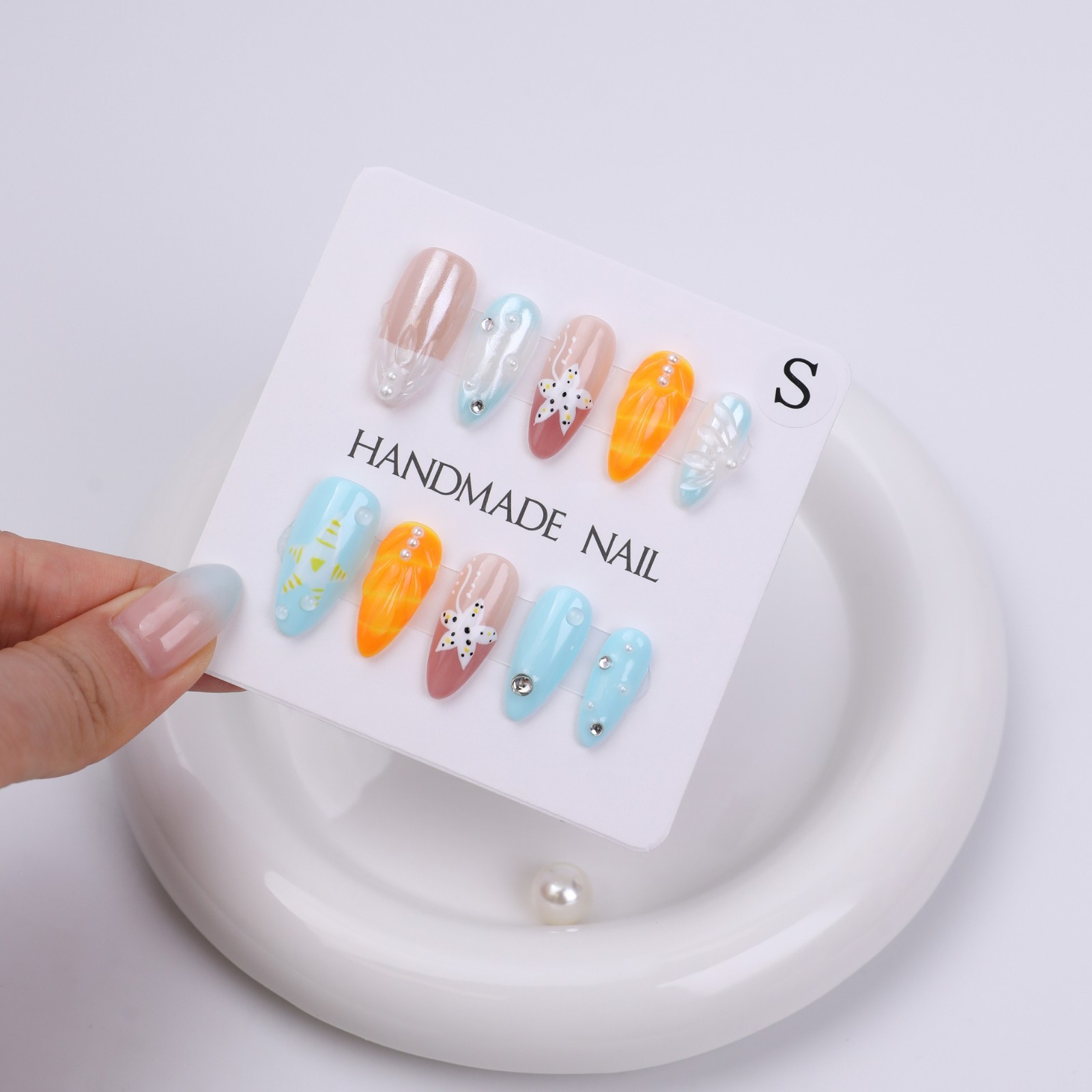 Press On Nails Medium Almond Blue Orange 3D Floral Pearl Summer Beach Nail Set