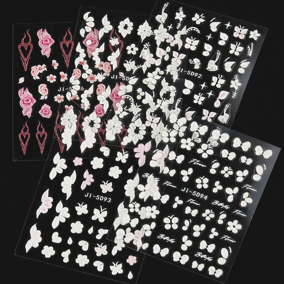 5D Embossed White Flowers Nail Stickers, 5 Sheets Self-Adhesive Floral Nail D…