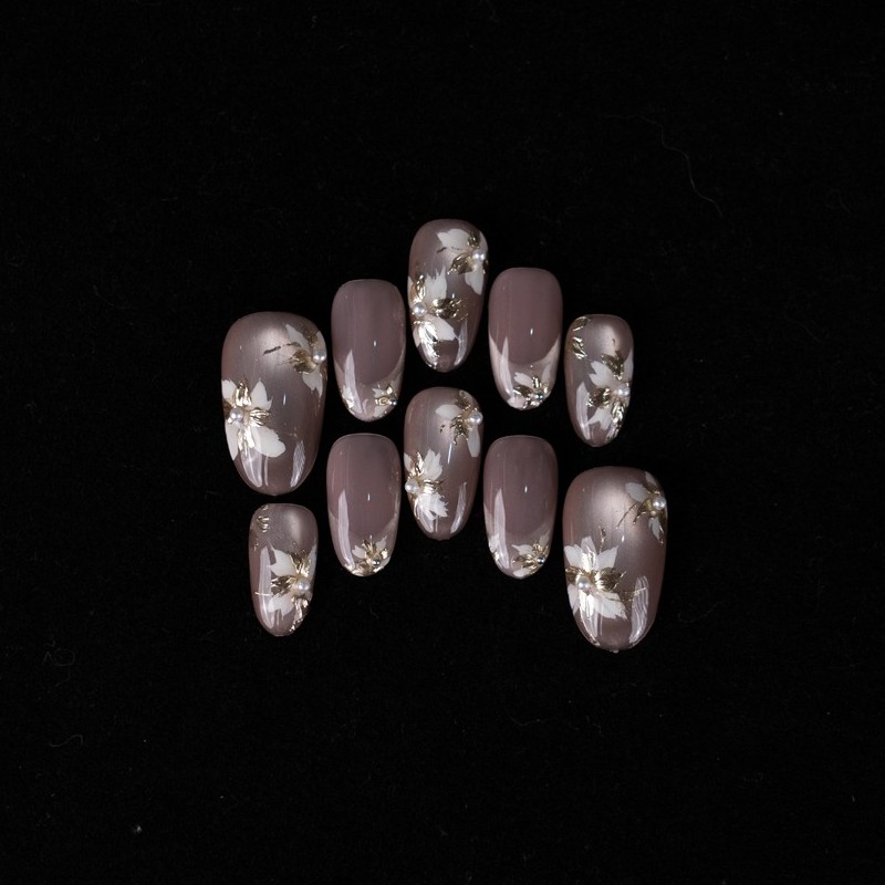 10pcs Nude Cat Eye Press On Nails 3D White Flower Gold Foil Almond