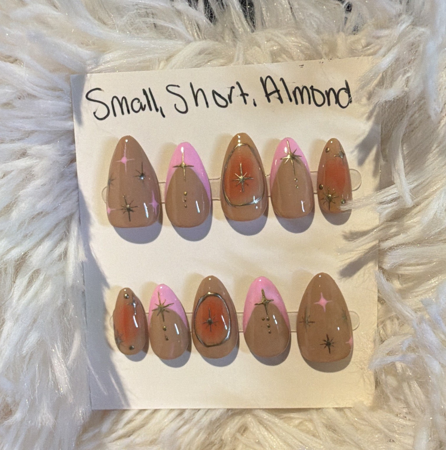 Short Almond Press-On Nails Pre-Designed Brown Pink Shiny Star Glue Included