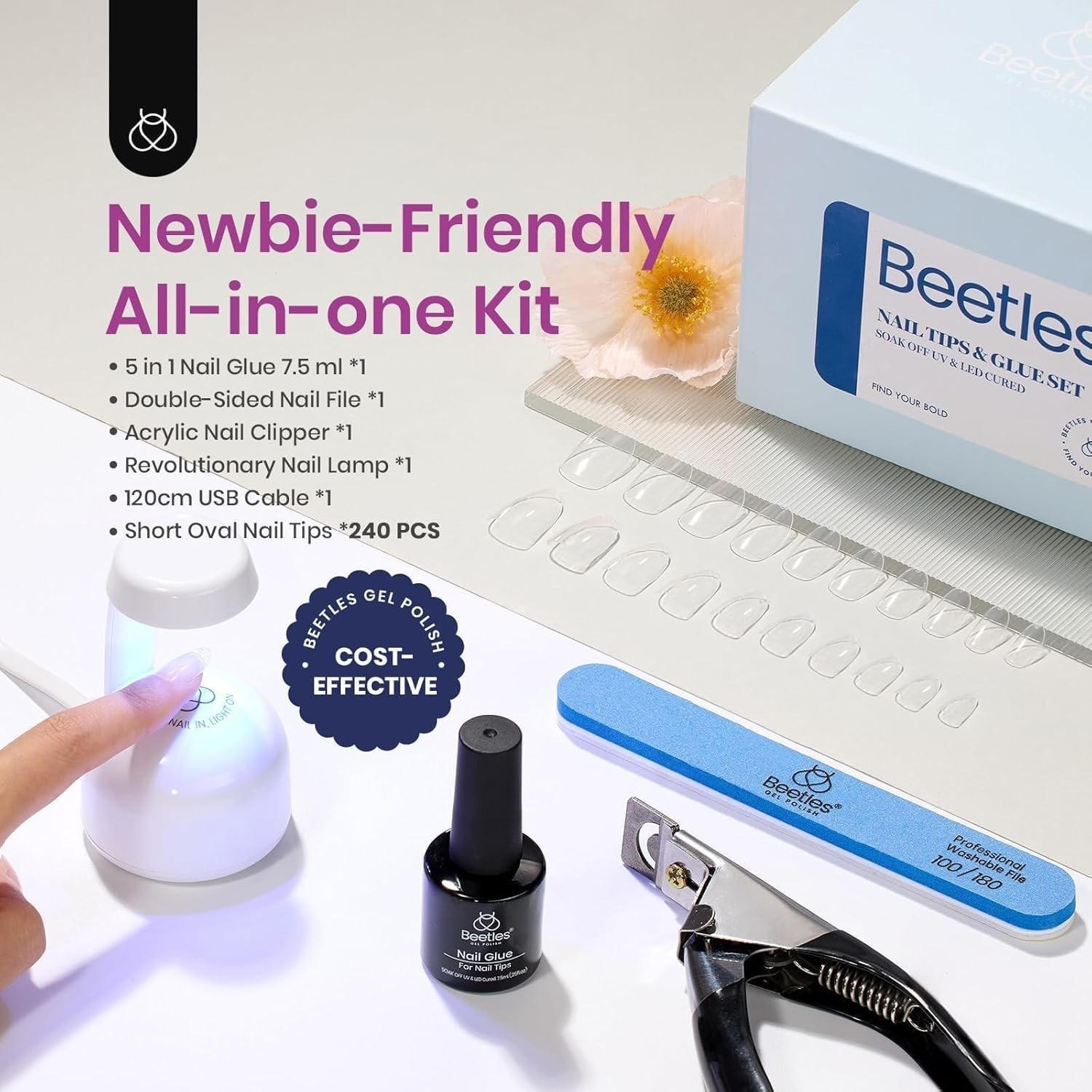“Beetles Nail Tips 240 Oval Short + UV Lamp + 5in1 Glue 💅 Easy Gel Kit Women “