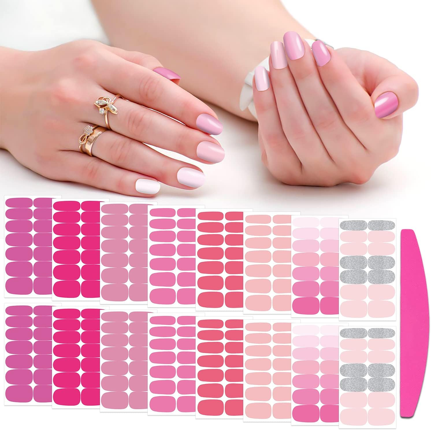 Pink Nail Wraps for Women Nail Polish Strips Solid Color Glitter Self Adhesive N