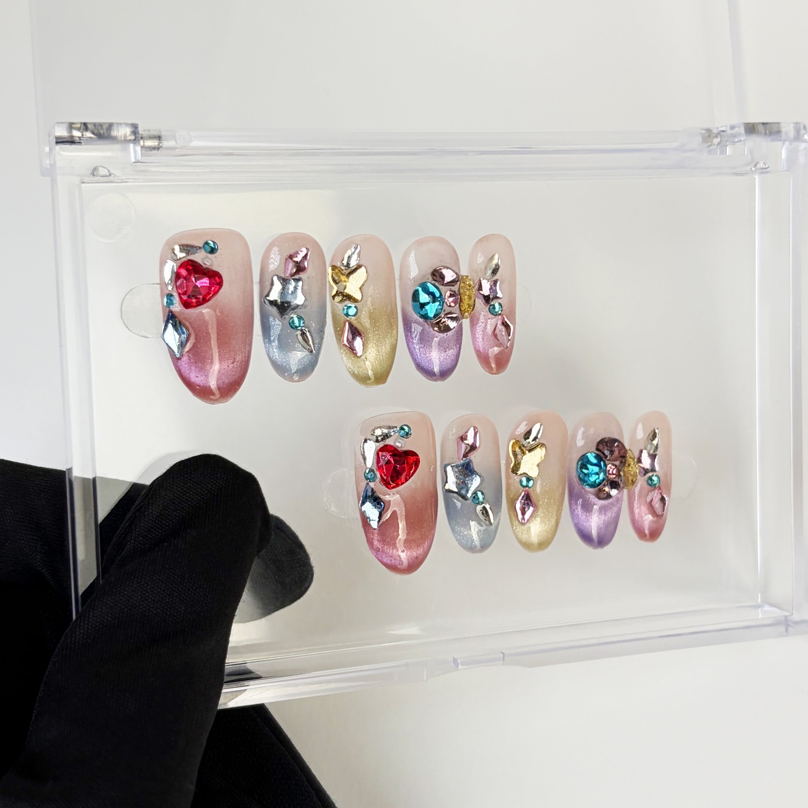 Rainbow Sugar Diamond Press-On Nails Medium Oval Sweet Cool Style Handmade Set