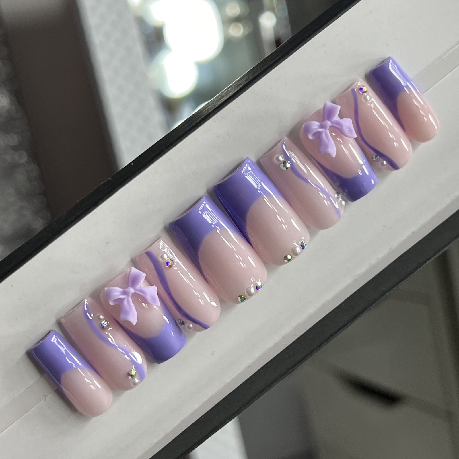 💜 CUSTOM Press On Nails FRENCH PURPLE W BOW PEARLS BLING 10p SET W Kit