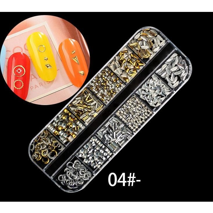 12-Grid Box Mixed Nail Charms, Iridescent Pearls Metal Chains for Acrylic Nails