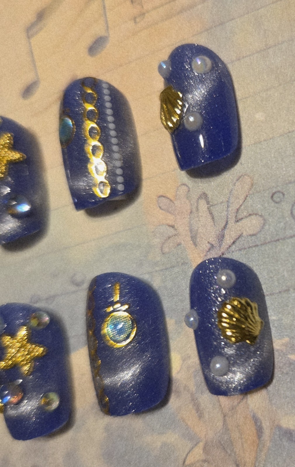 Blue Gold Beach Press On Nails Seahorse Shells Starfish Pearls Bubbles Decorated